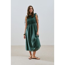 Büzgü Bağlamalı Detaylı Kolsuz Elbise Yeşil