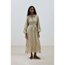 Yakası Büzgülü Keten Geniş Elbise Yeşil