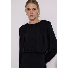 Dökümlü Balon Form Bluz Siyah