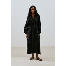 Yakası Büzgülü Keten Geniş Elbise Siyah