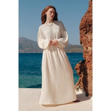 Müslin Beli Büzgülü Elbise Ekru