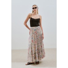 Uzun Büzgülü Şifon Etek Pastel Floral