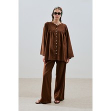 Dokulu Işlemeli Gömlek Kahverengi