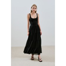 Uzun Büzgülü Şifon Etek Siyah