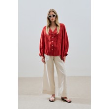 Keten Crush Düğmeli Bluz Kırmızı