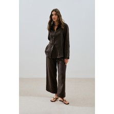 Keten Geniş Manşetli Gömlek Acı Kahve