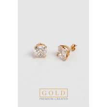 14 Ayar Sarı Altın Sertifikalı Premium Created Cushion Taşlı Tektaş Küpe