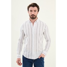 Çizgili Mavi Slim Fit Keten Erkek Gömlek