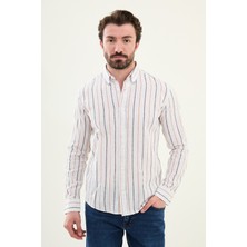 Çizgili Kamel Rengi Slim Fit Keten Erkek Gömlek