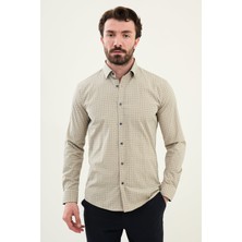 Desenli Bej Slim Fit Pamuk Erkek Gömlek