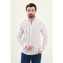 Çizgili Bej Slim Fit Keten Erkek Gömlek
