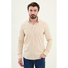 Gofreli Bej Slim Fit Pamuk Erkek Gömlek
