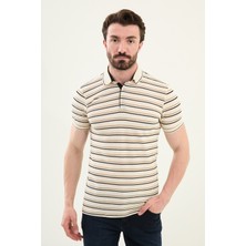 Çizgili Bej Slim Fit Polo Yaka Erkek T-Shirt