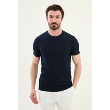 Desenli Lacivert Slim Fit Bisiklet Yaka Erkek T-Shirt