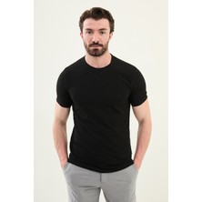 Desenli Siyah Slim Fit Bisiklet Yaka Erkek T-Shirt