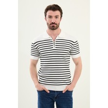 Çizgili Ekru Slim Fit Fermuarlı Polo Yaka Erkek Triko T-Shirt