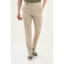 Desenli Bej Slim Fit Beli Tokalı Erkek Pantolon