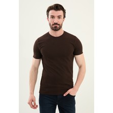 Desenli Kahverengi Slim Fit Bisiklet Yaka Erkek T-Shirt