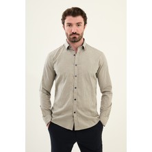 Çizgili Bej Slim Fit Pamuk Erkek Gömlek