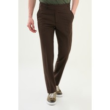 Düz Kahverengi Slim Fit Beli Tokalı Erkek Pantolon