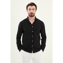 Gofreli Siyah Slim Fit Pamuk Erkek Gömlek