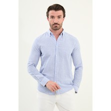 Çizgili Slim Fit Uzun Kollu Keten Erkek Gömlek