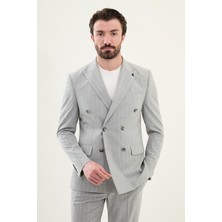Çizgili Gri Slim Fit Geniş Yaka Kruvaze Erkek Takım Elbise