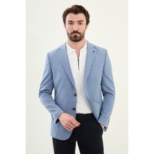 Ekoseli Mavi Slim Fit Mono Yaka Erkek Ceket