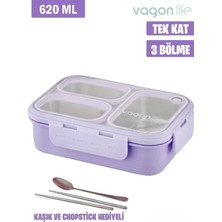 Lunch Box 620 ml Tek Kat Üç Bölmeli Metal Kaşıklı Yeni Nesil Sefer Tası Mor