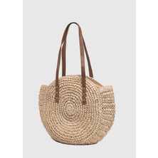 Oggo Hasır Deri Saplı Fermuarlı L. Gold Aksesuarlı Omuz Çantası