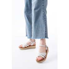 730-138 Beyaz Örgü Hakiki Deri Ortopedik Taban Kadın Sandalet