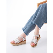 730-142 Beyaz Hakiki Deri Ortopedik Taban Kadın Sandalet