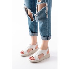 T-221 Beyaz  Spring Paraşüt Kumaş Lastikli Ortopedik Kadın Sandalet