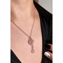 925 Ayar Gümüş Rose Kalp Sallantılı Kilit Kalp Kolye - 23176501