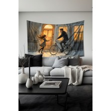 Kış Akşamı Kız ve Baba Desenli Duvar Halısı Duvar Örtüsü Tapestry Süet Dokulu Kumaş