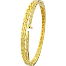 18K Altın Kaplamalı 925 Ayar Gümüş Tasarım Kelepçe Bileklik - 45102201