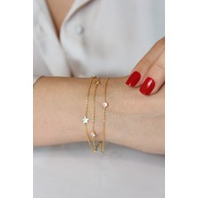 Altın Kaplamalı 925 Ayar Gümüş Yıldızlı ve Taşlı Üç Zincirli Bileklik - B080701