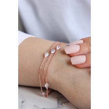 925 Ayar Gümüş Üç Zincirli Damla Taşlı Rose Bileklik - 45097401