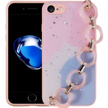 iPhone Se 2022 Uyumlu Simli Desenli El Askılı Tutacaklı Mnc Elsa Silikon Kapak-Pembe