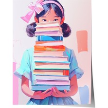 Çerçevesiz Poster, Kitap Yığınıyla Kız Illüstrasyonu, Çalışma Odası Dekoru Poster No: 112408