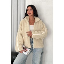 Noa Noa Kadın Oversize Astarlı Peluş Ceket – Yumuşak Dokulu Konforlu Stil %100 Cotton Bej
