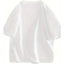 Baskılı Oversize Bisiklet Yaka T-Shirt - Beyaz