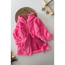 Miniğimin Cicileri Belden Bağcık Detaylı Kapüşonlu Peluş Kız çocuk mont - Pembe