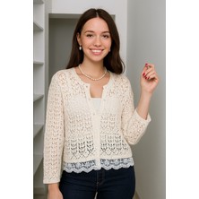 Kadın Dantel Görünümlü Örgü Hırka – Scallop Detaylı & Yumuşak Dokulu