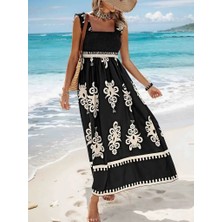 Kadın Askılı Kare Yaka Gipe Detaylı Desenli Suprem Elbise