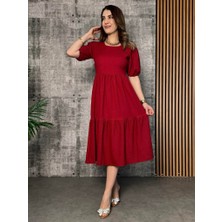 Kadın Kısa Kollu Yakası Açık Katlı Bürümcük Balon Elbise