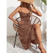 Kadın Ip Askılı Geniş V Yaka Bağcıklı Yandan Yırtmaçlı Çiçek Desenli Midi Süprem Elbise