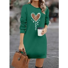 Kadın Uzun Kollu Bisiklet Yaka Kalp Desenli Kısa Viskon Elbise
