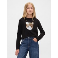 Gap Kız Çocuk Siyah Flippy-Sequin Grafik T-Shirt