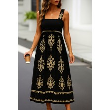 Arben Boutique Kadın Askılı Kare Yaka Gipe Detaylı Desenli Suprem Elbise